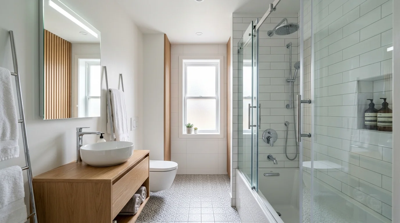 A narrow bathroom with a tub shower combo featuring glass doors bright natural daylight sleek space saving layout no people