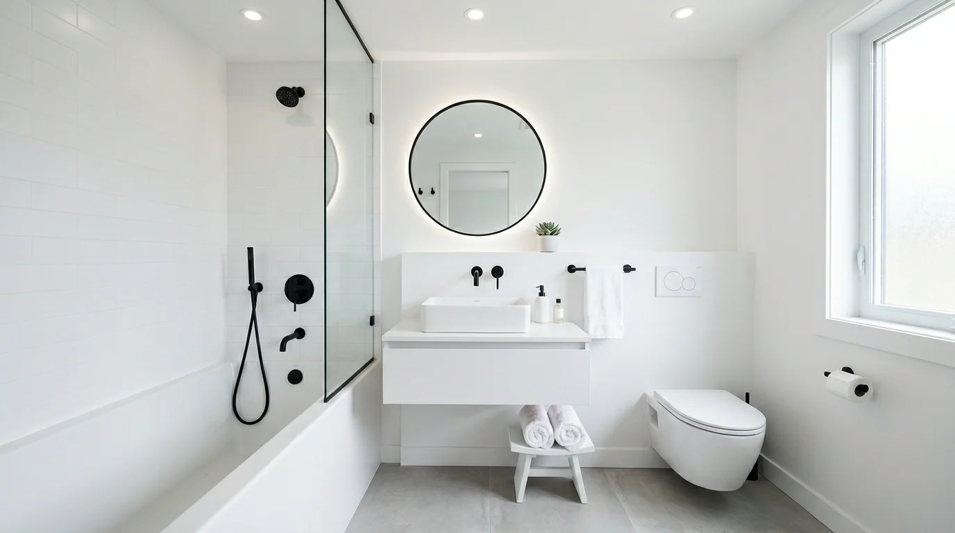A minimalist tiny bathroom with a white tub simple vanity and clean lines bright lighting uncluttered modern luxury no people