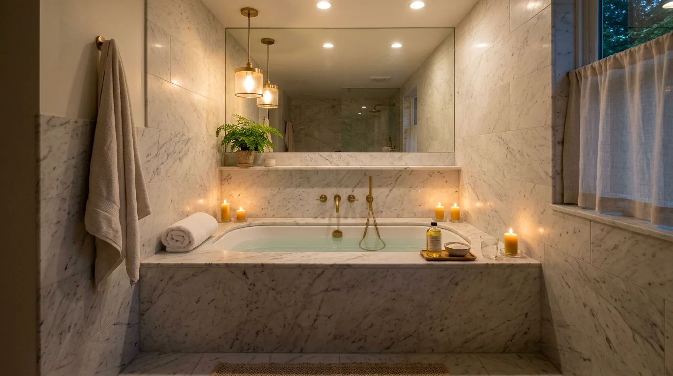 A bathroom with a built in tub surrounded by marble tiles and soft lighting elegant compact spa feel no people