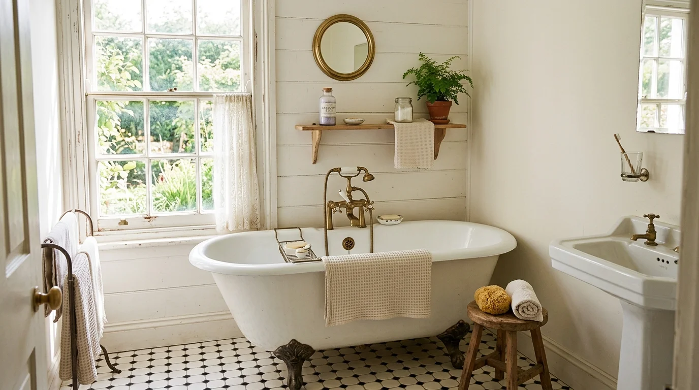 A small bathroom with a clawfoot tub placed strategically against a wall bright natural light vintage compact charm no people