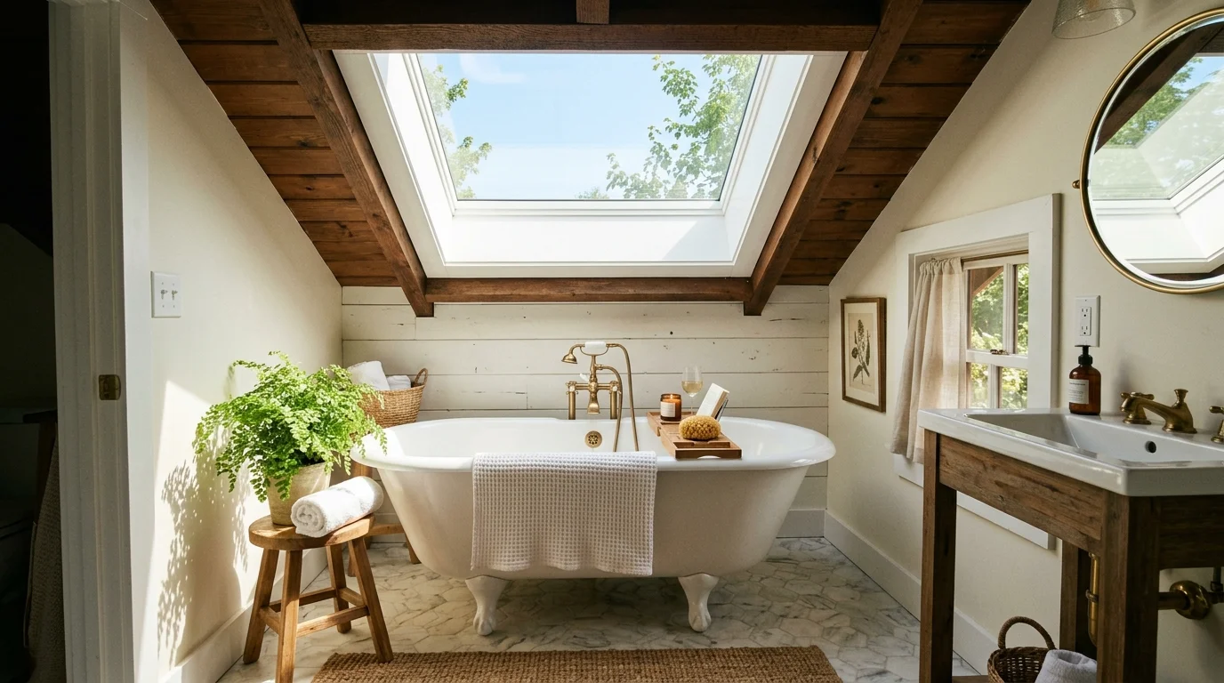 A cozy bathroom with a tub under a skylight allowing light to pour in bright natural daylight airy small luxury space no people