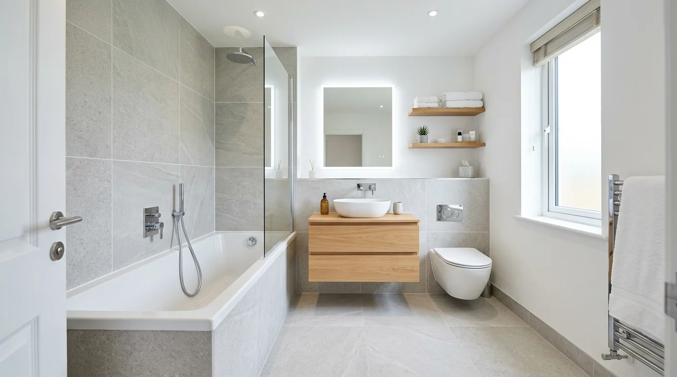A modern bathroom with a tub and floating vanity maximizing floor space bright lighting smart compact design no people
