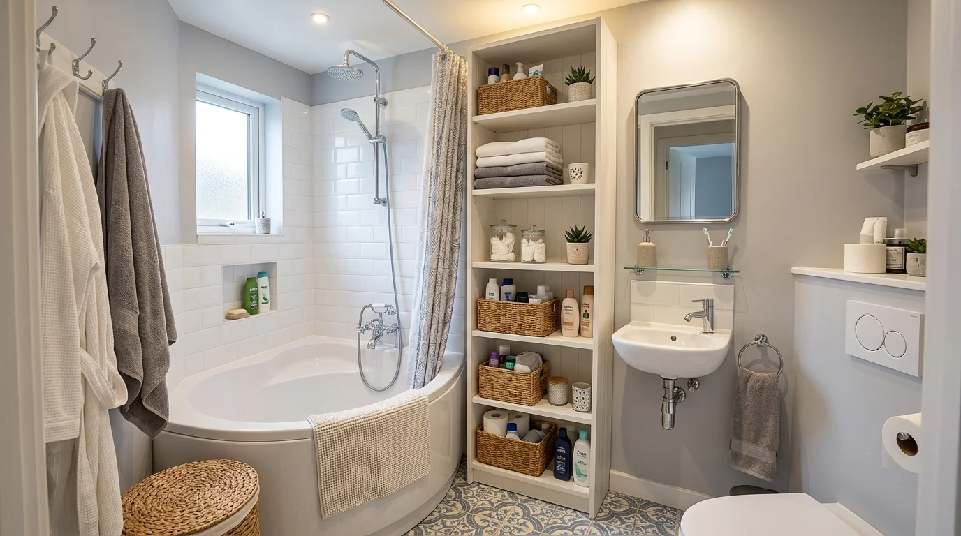 A tiny bathroom with a corner tub and vertical storage shelves bright lighting efficient use of limited space no people