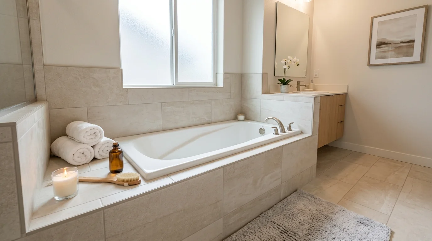 A bathroom with a tub surrounded by neutral tiles and simple decor soft lighting calm spa like environment no people