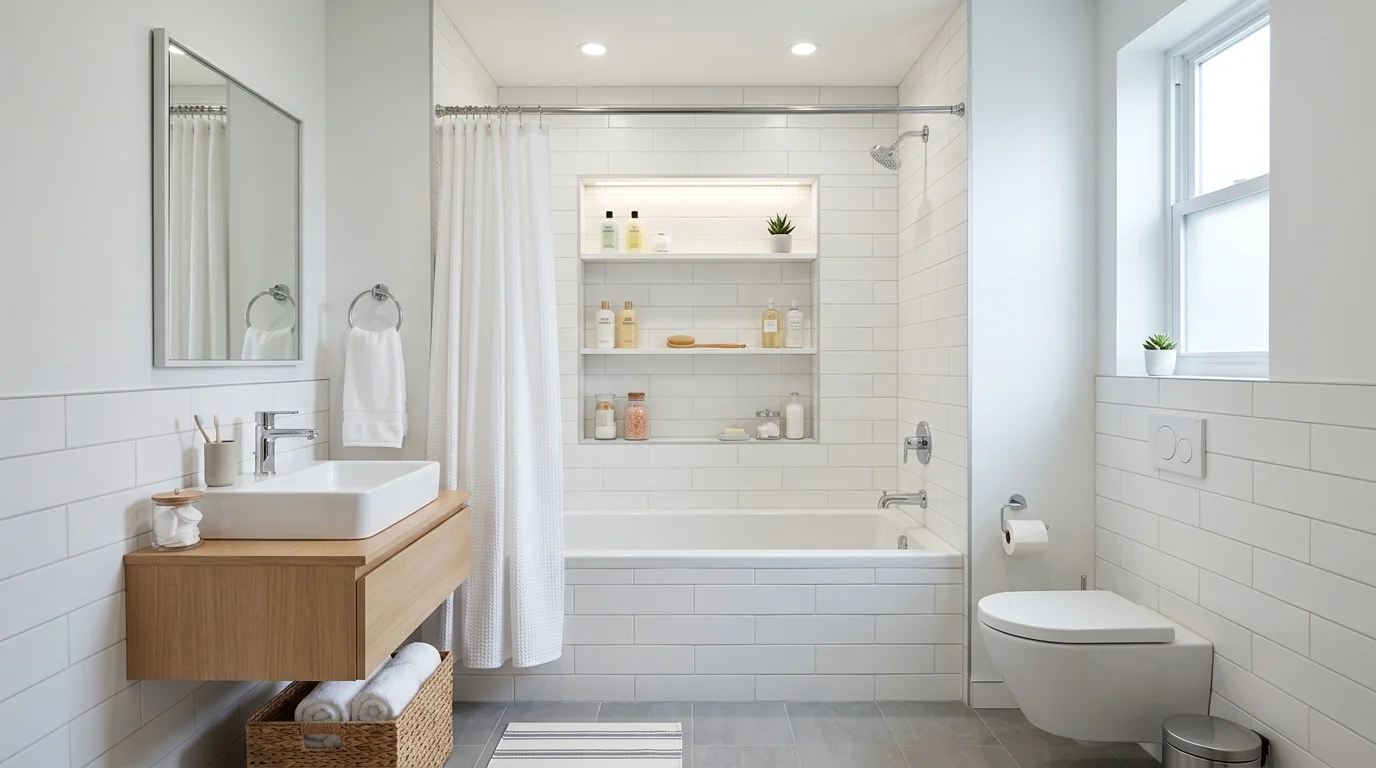 A small bathroom with a tub and built in niche storage for toiletries bright lighting sleek organized design no people