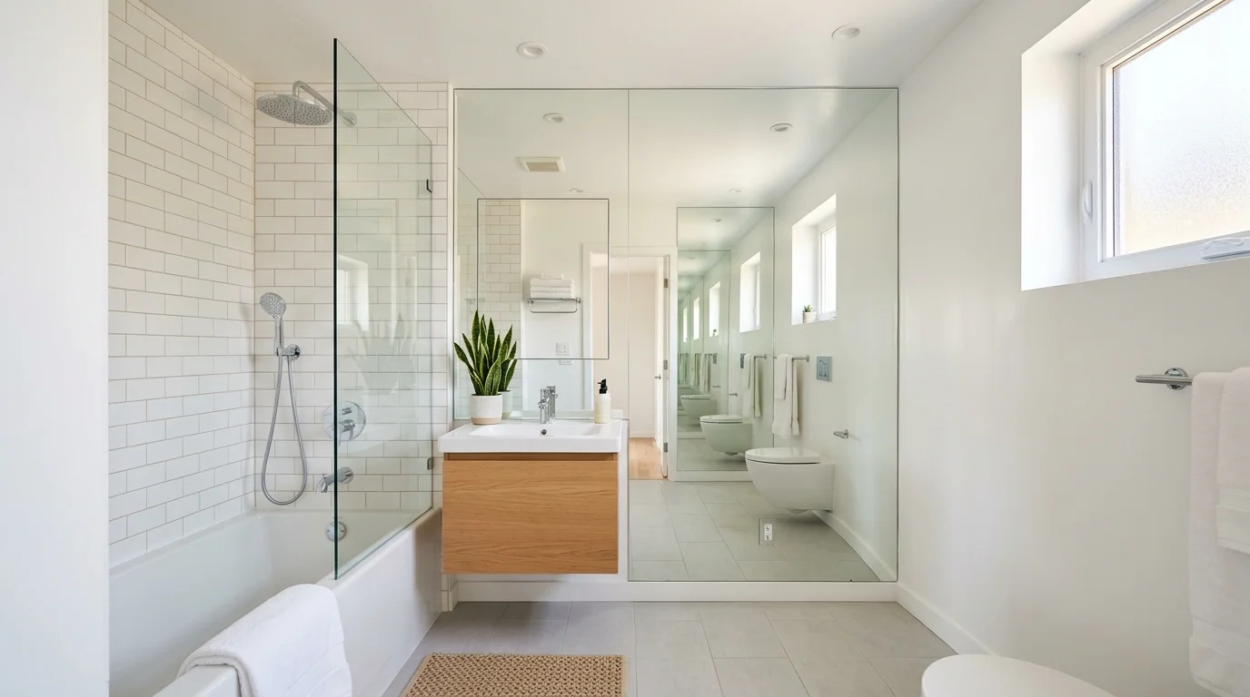 A compact bathroom with a tub and a mirrored wall creating an illusion of space bright lighting visually expanded layout no people