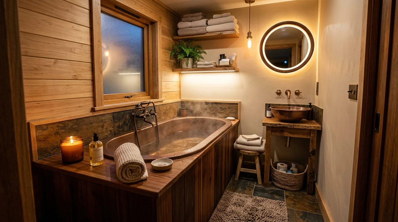 A tiny bathroom with a tub combined with wood accents and soft lighting creating a cozy luxurious retreat no people