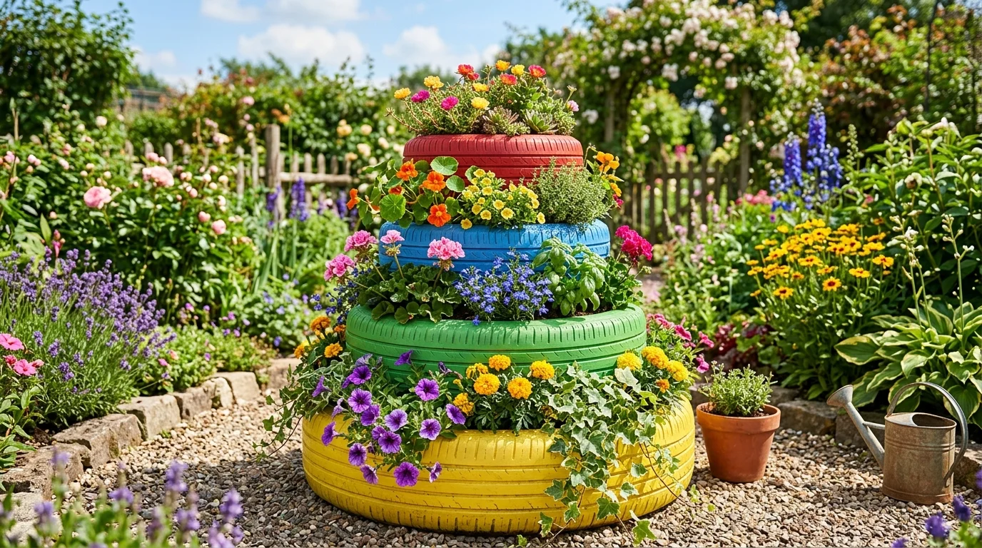 A stack of painted tires arranged as a tiered planter with different plants in each layer bright sunlight vibrant garden design no people