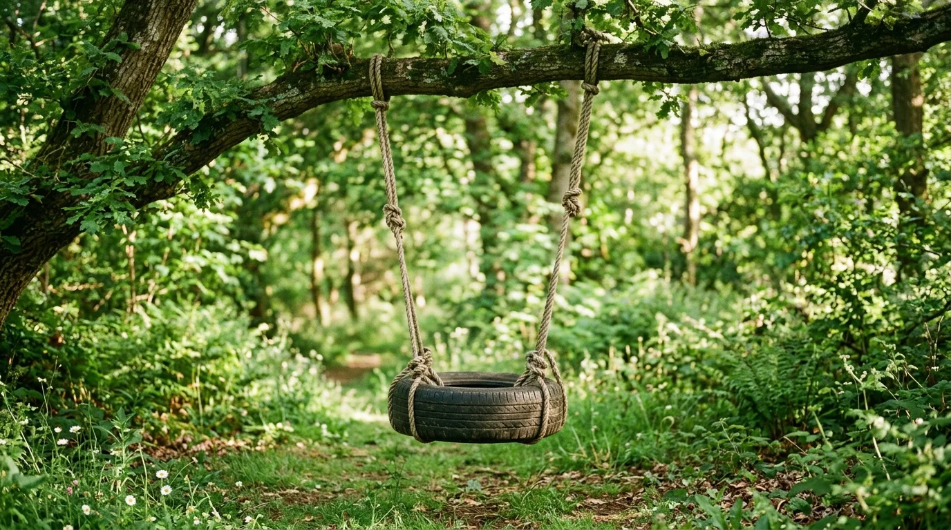 A tire transformed into a swing hanging from a tree with rope surrounded by greenery soft natural light playful outdoor feature no people