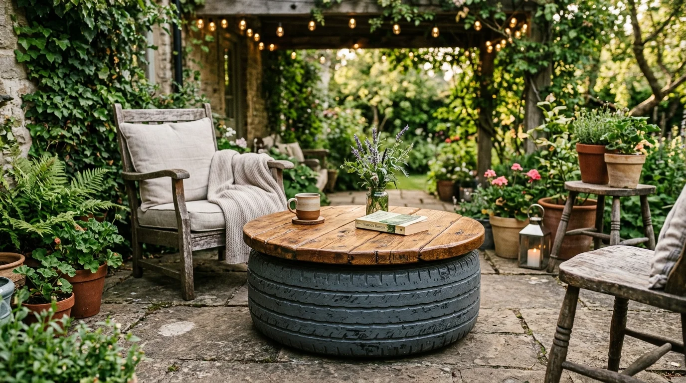 A tire turned into a coffee table with a wooden top placed in a patio setting soft lighting rustic upcycled furniture no people