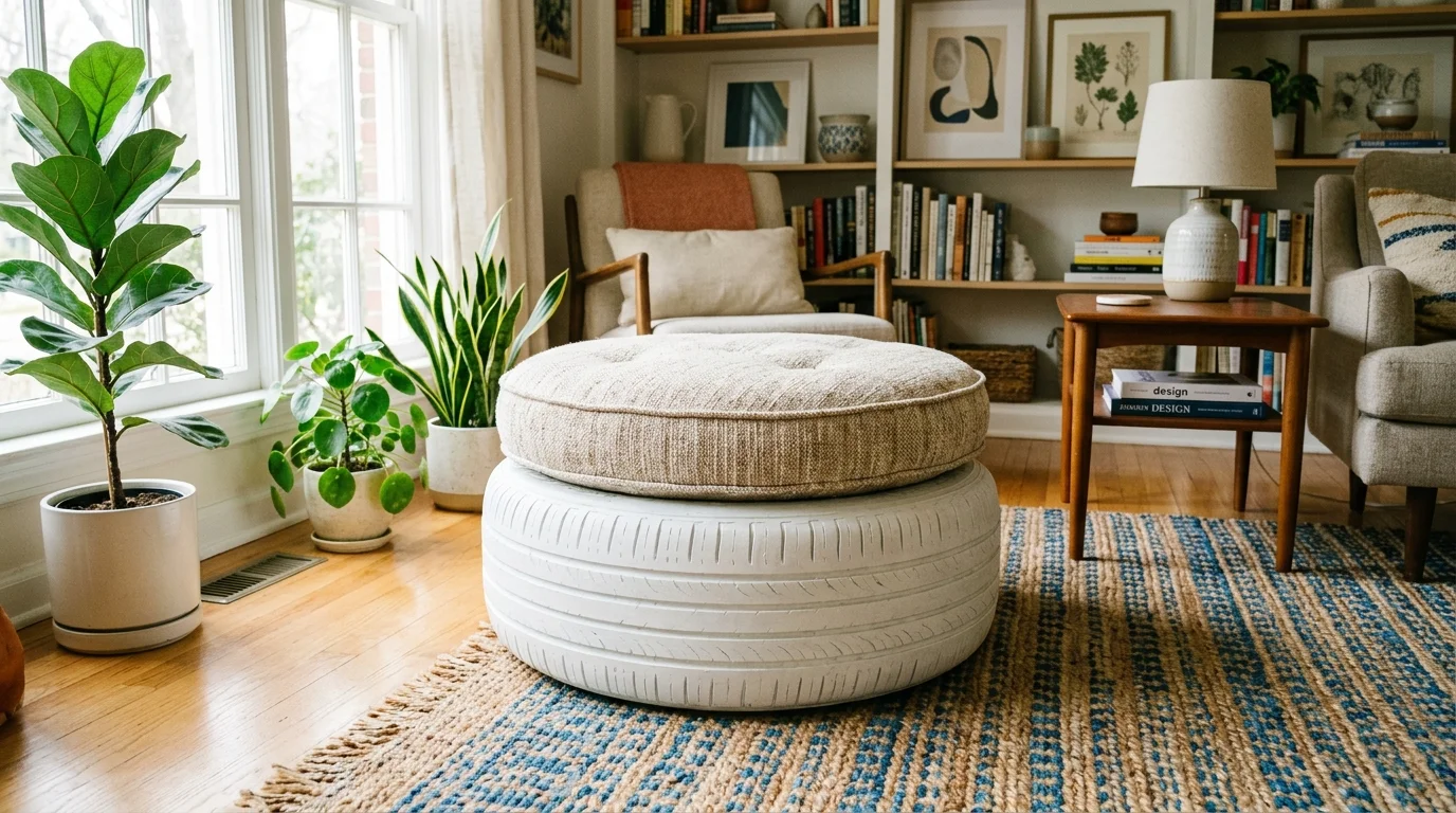 A tire painted white used as a stylish ottoman with a cushion on top placed indoors bright lighting unique home decor no people