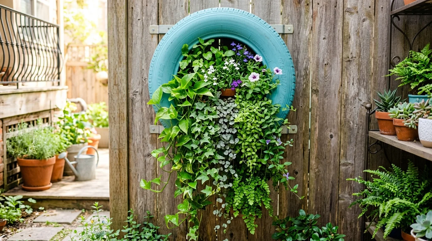 A wall mounted tire planter filled with cascading greenery bright natural daylight space saving garden decor no people