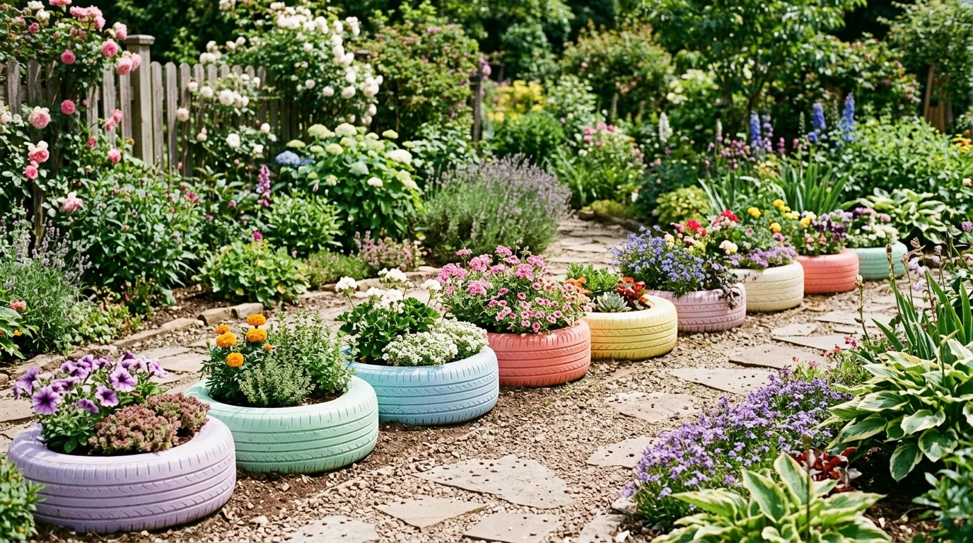 A tire painted in pastel colors used as a decorative garden border lining a pathway bright lighting creative landscaping idea no people