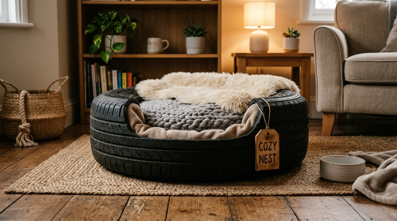 A tire repurposed into a pet bed with soft cushions placed inside cozy indoor lighting functional upcycled design no people