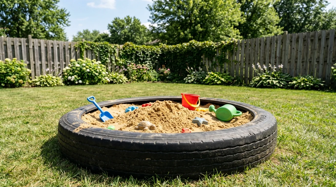 A tire used as a sandpit filled with sand placed in a backyard bright natural light playful DIY project no people