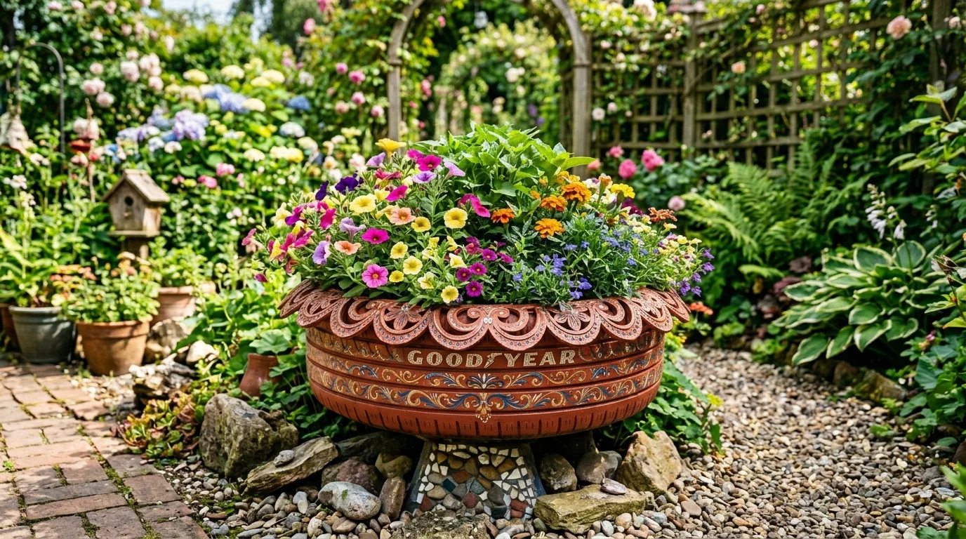 A tire cut and shaped into a decorative planter with intricate design edges filled with flowers bright daylight artistic garden decor no people
