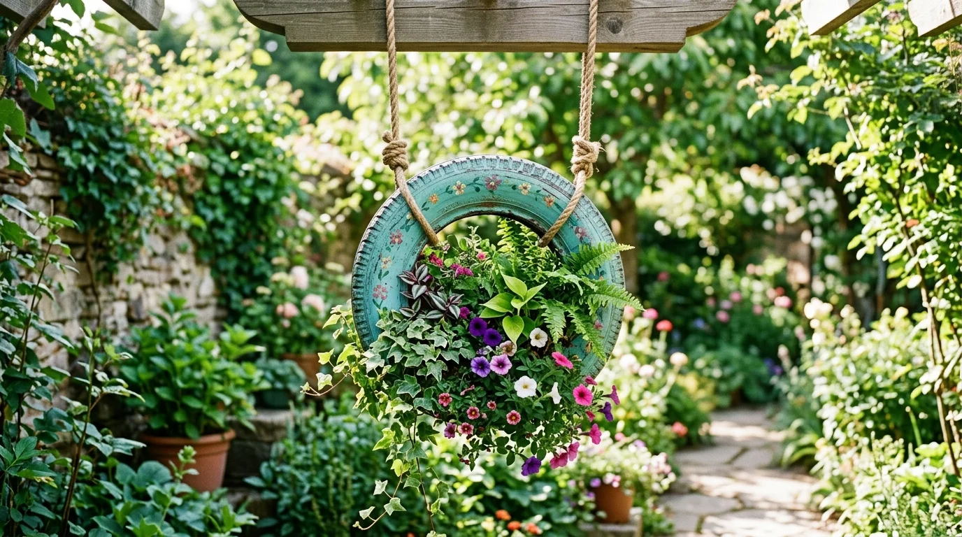 A tire transformed into a hanging planter suspended with ropes filled with plants bright natural lighting vertical garden idea no people