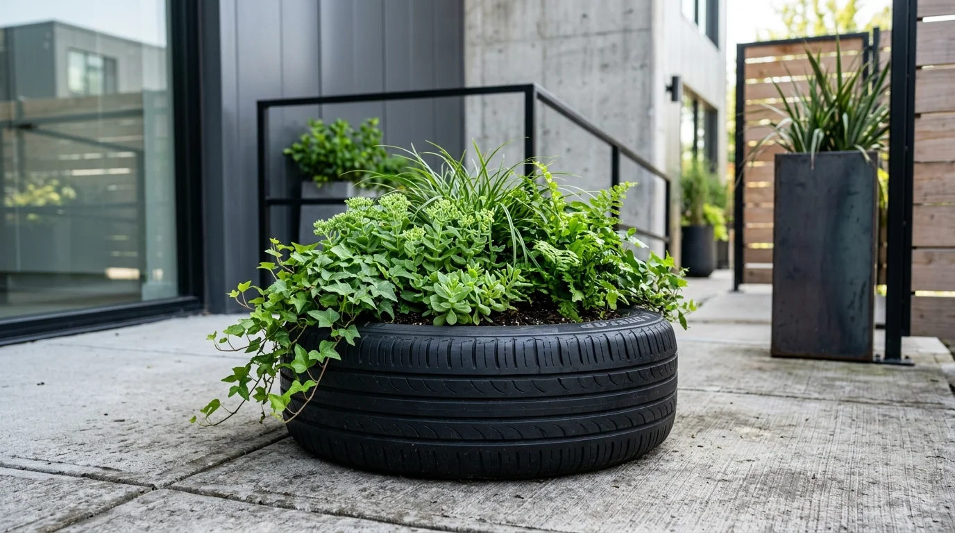 A tire painted black used as a modern minimalist planter with green plants bright lighting sleek industrial outdoor decor no people