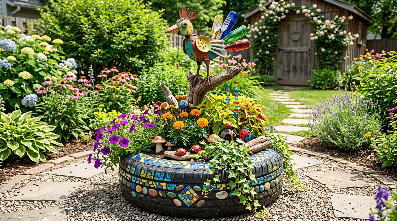 A tire used as a base for a garden sculpture with plants and decorative elements bright daylight creative artistic display no people