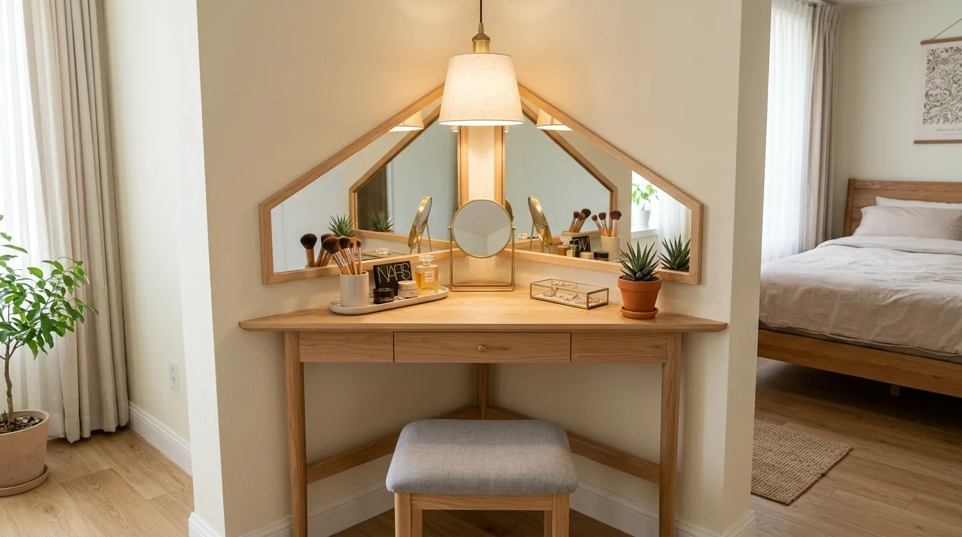 A corner vanity setup with a triangular table and wall mirror utilizing unused space soft lighting efficient compact layout no people