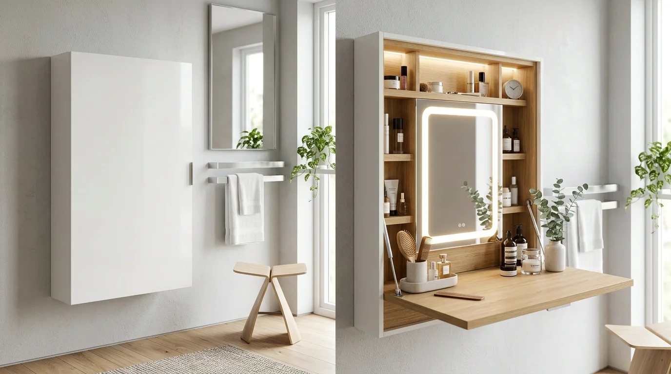 A fold down wall mounted vanity that closes flat when not in use bright lighting smart multifunctional solution no people