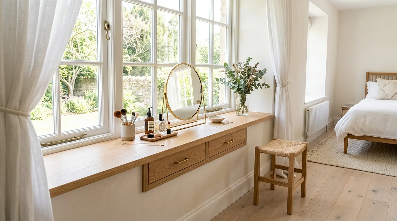 A vanity integrated into a window sill with natural light illuminating the space bright daylight functional and airy design no people
