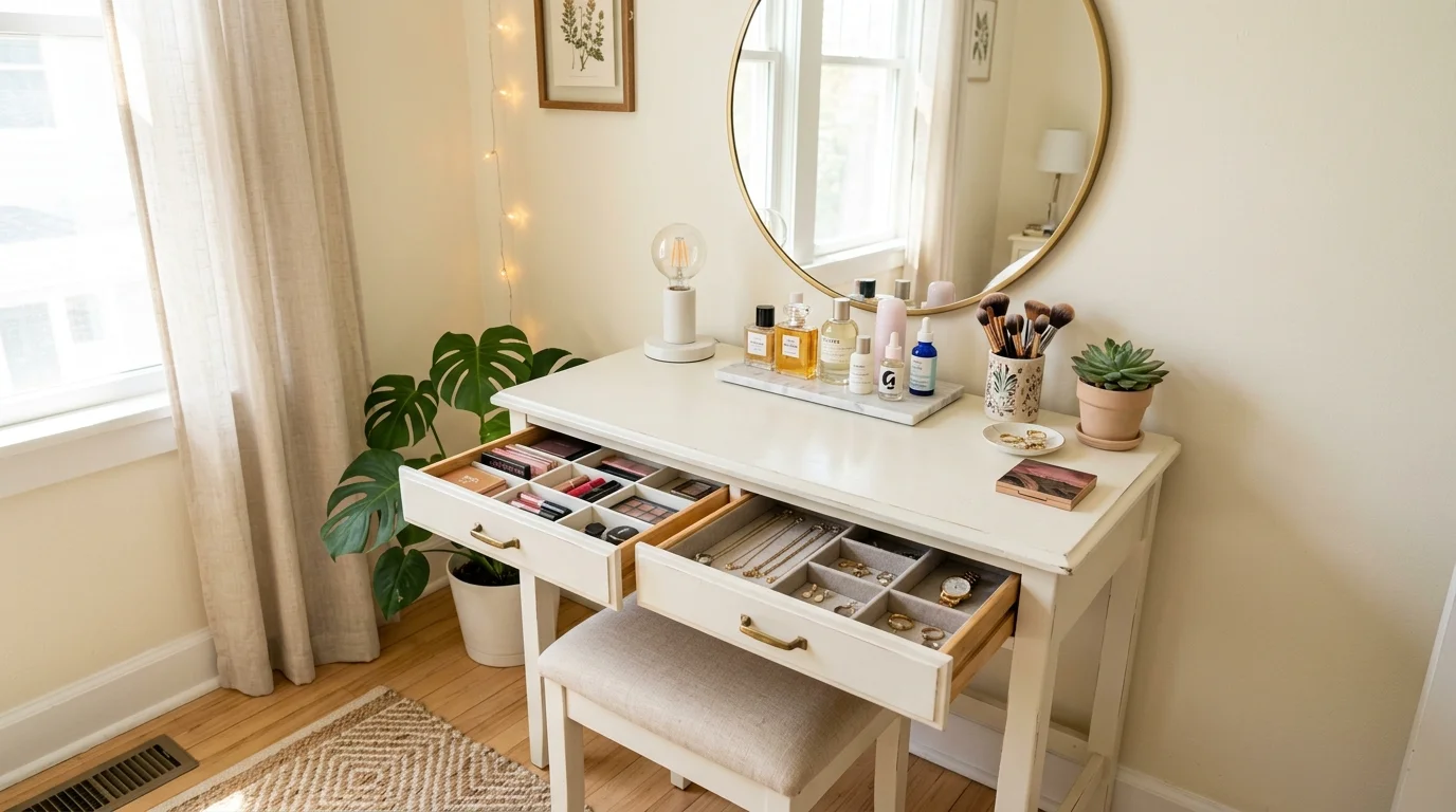 A small desk repurposed as a vanity with a mirror above and organized drawers bright lighting practical dual purpose setup no people