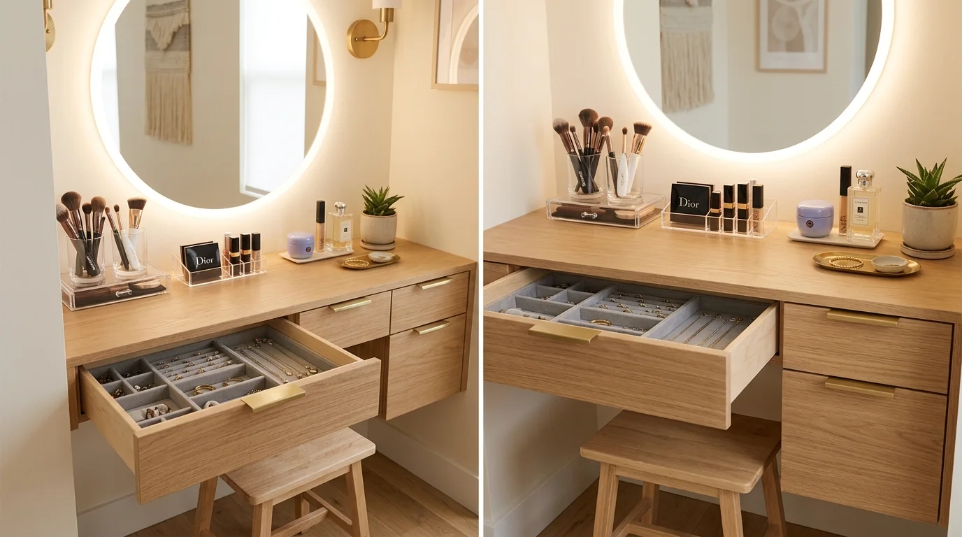 A vanity with built in storage drawers and organizers neatly arranged with essentials soft lighting clutter free compact design no people