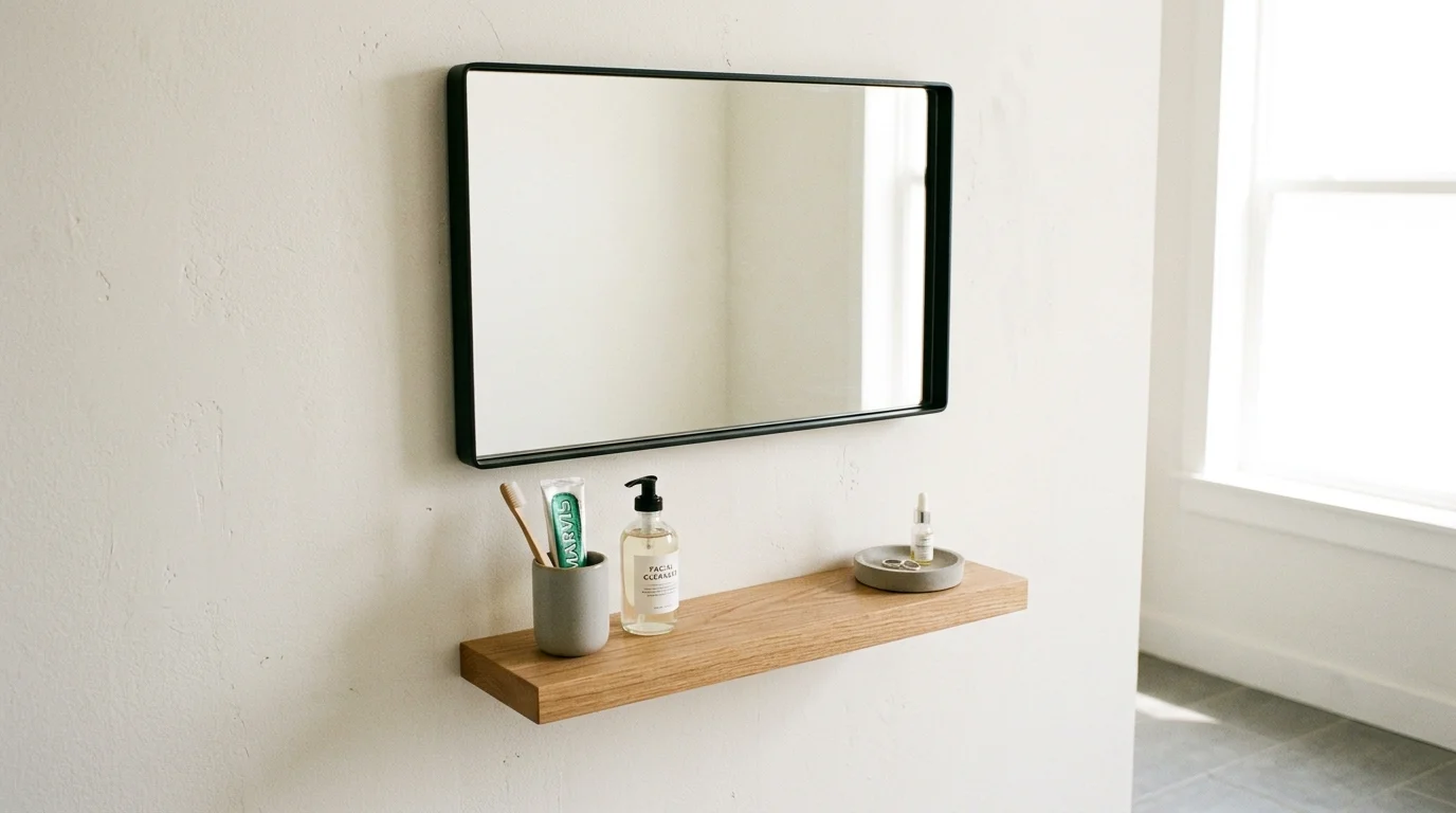 A wall mounted mirror with a narrow shelf underneath holding minimal essentials bright natural light sleek minimalist vanity no people