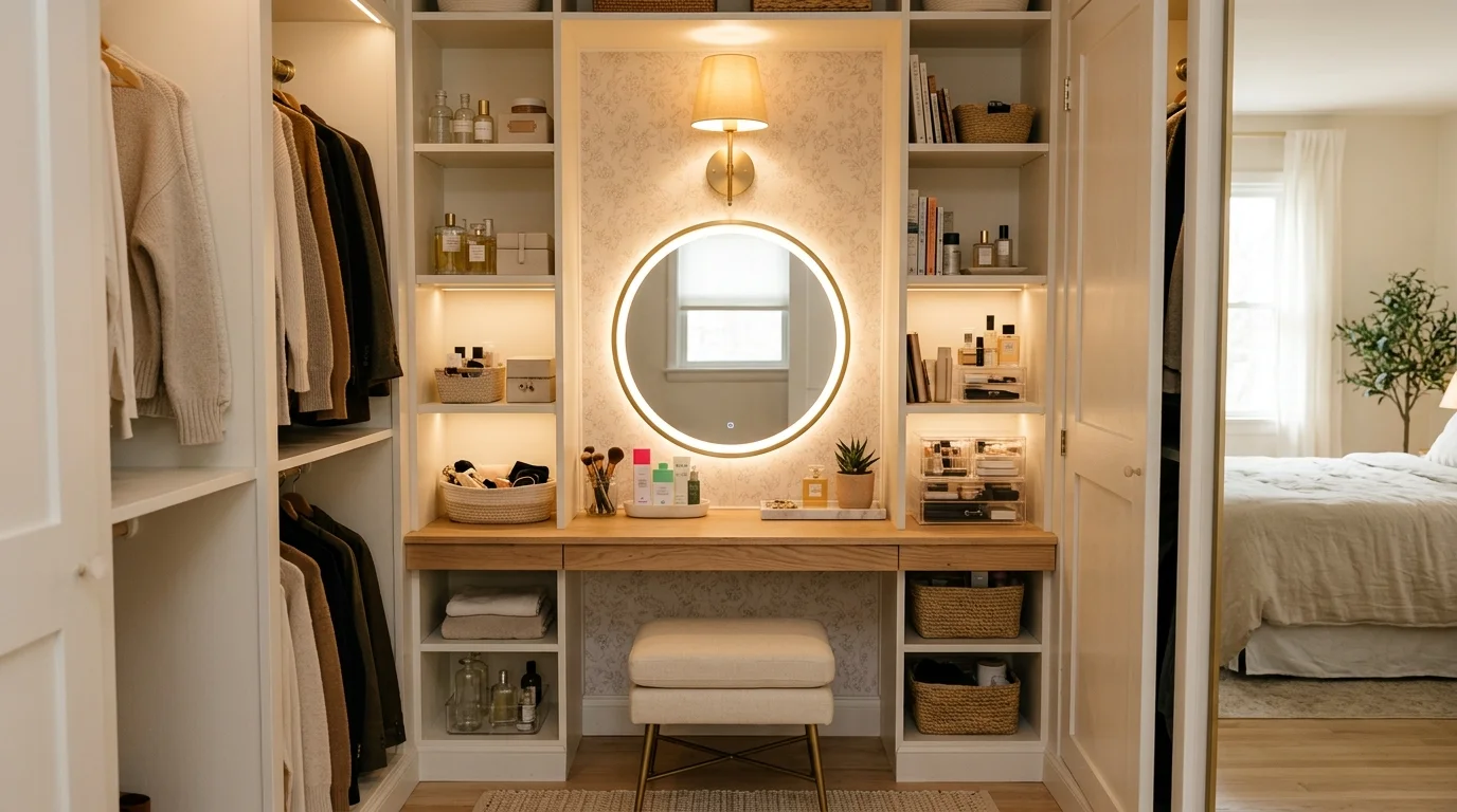 A vanity tucked inside a closet with shelves and lighting creating a hidden beauty station soft lighting efficient space use no people