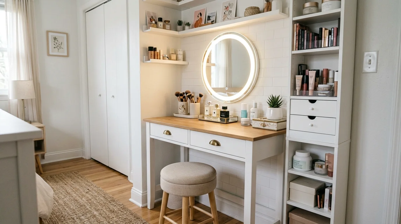 A narrow vanity table placed along a wall with a small stool and vertical storage bright lighting compact functional layout no people