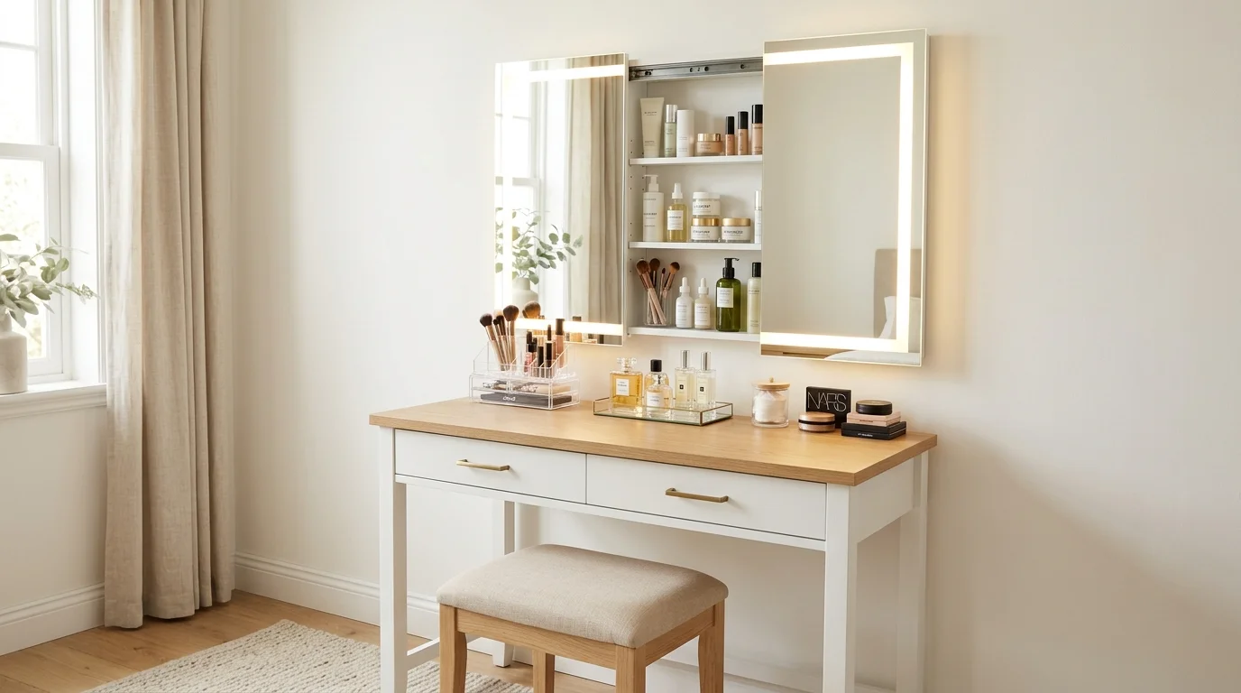 A vanity with a mirror cabinet providing hidden storage above the table bright lighting efficient organized solution no people
