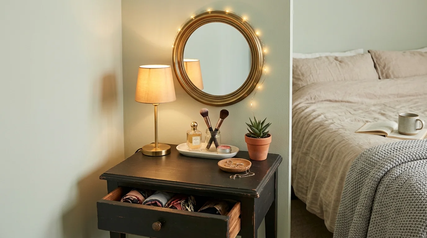 A bedside table converted into a mini vanity with a small mirror and essentials soft lighting cozy multifunctional design no people