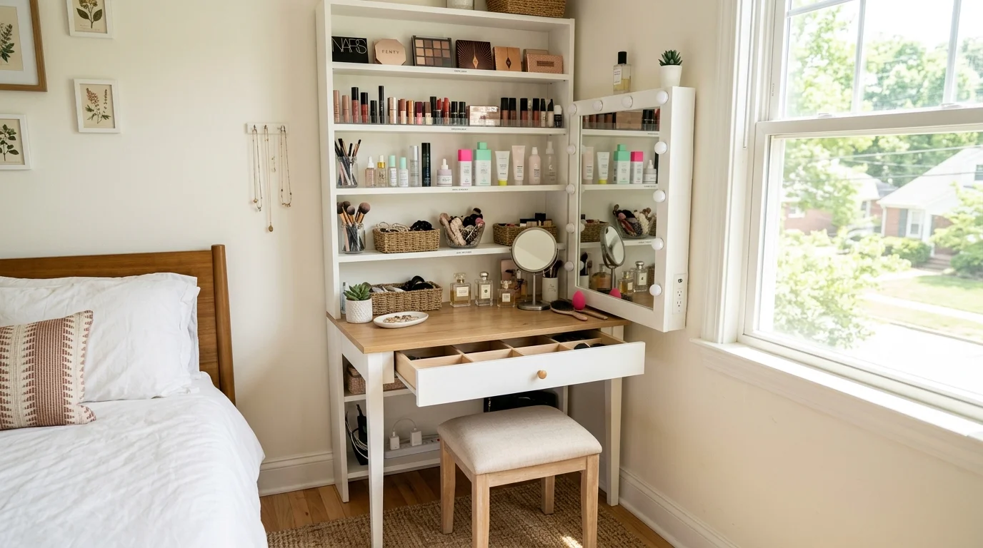 A compact vanity with vertical shelving for makeup and accessories bright natural daylight maximizing small bedroom storage no people