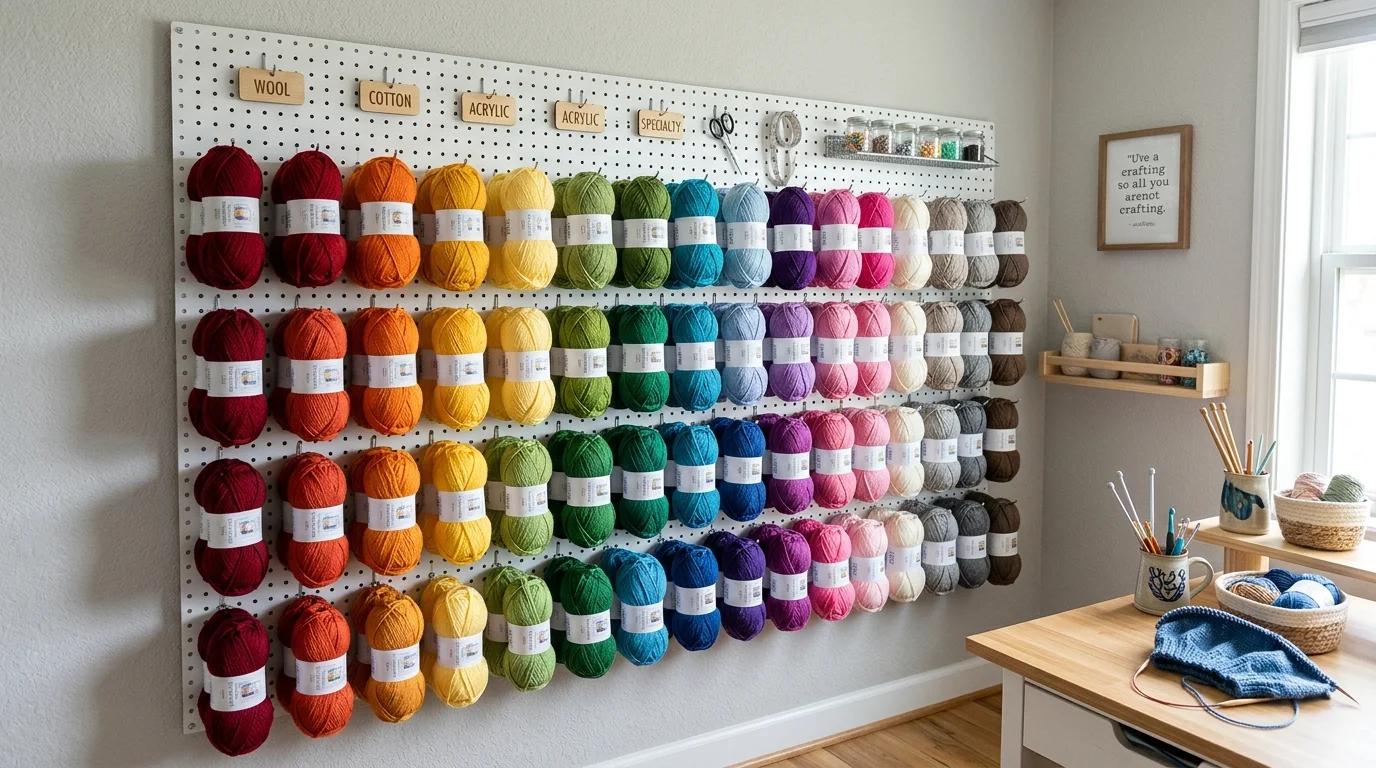 A wall mounted pegboard holding yarn skeins in an organized display bright lighting practical space saving solution no people