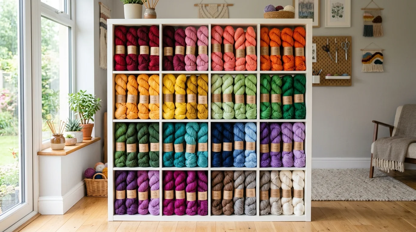 A cube shelving unit filled with colorful yarn arranged by shade bright natural light visually pleasing craft organization no people