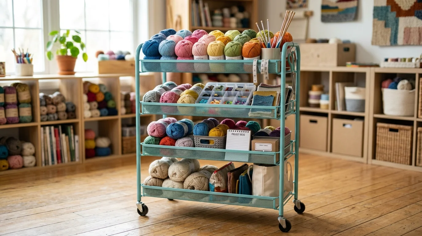 A rolling cart with multiple tiers holding yarn balls and supplies bright lighting mobile convenient storage idea no people