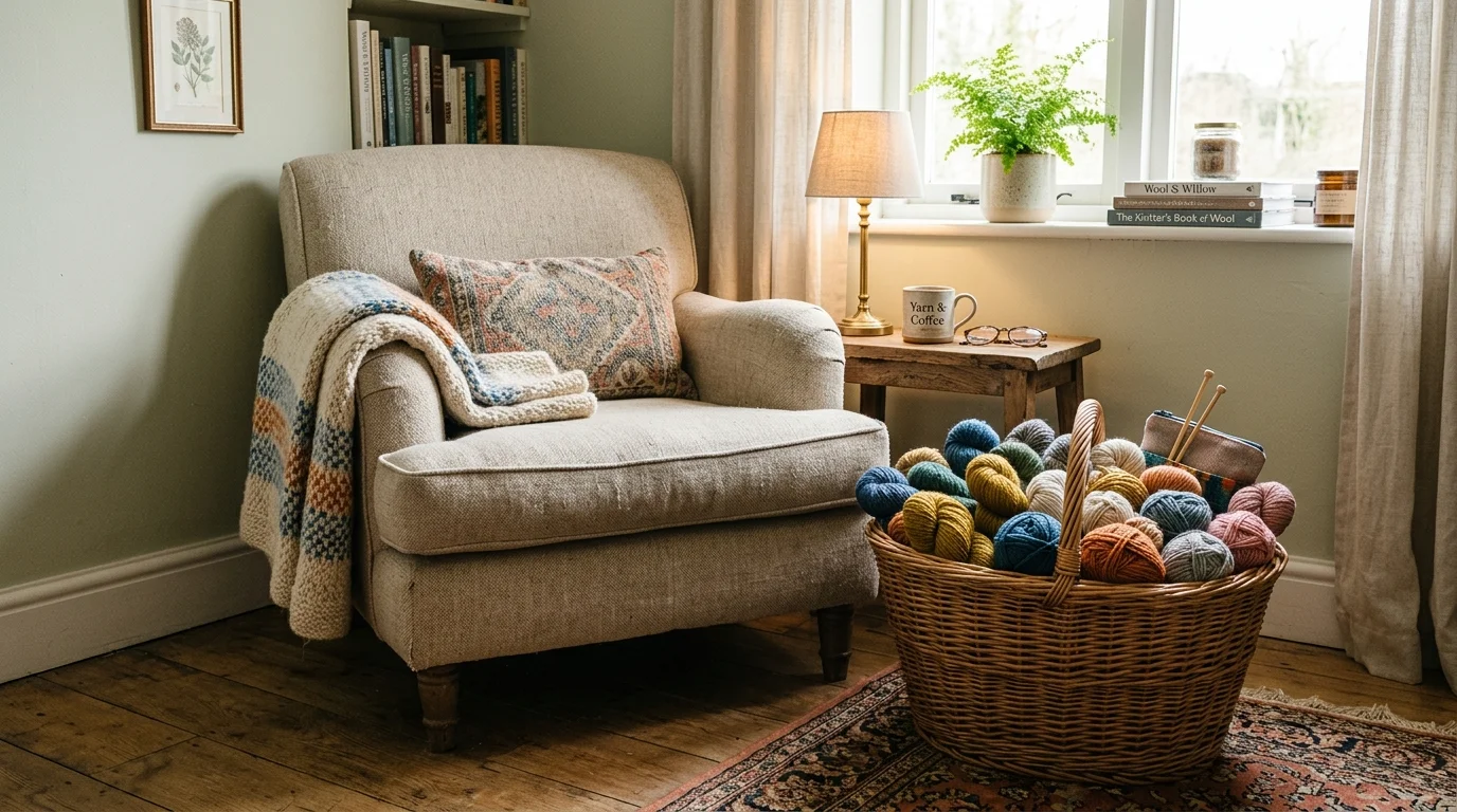 A basket filled with yarn placed beside a chair in a cozy corner soft lighting accessible stylish storage no people