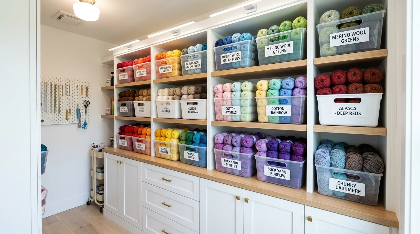 A closet with labeled bins and yarn neatly sorted by type and color bright lighting efficient hidden storage system no people