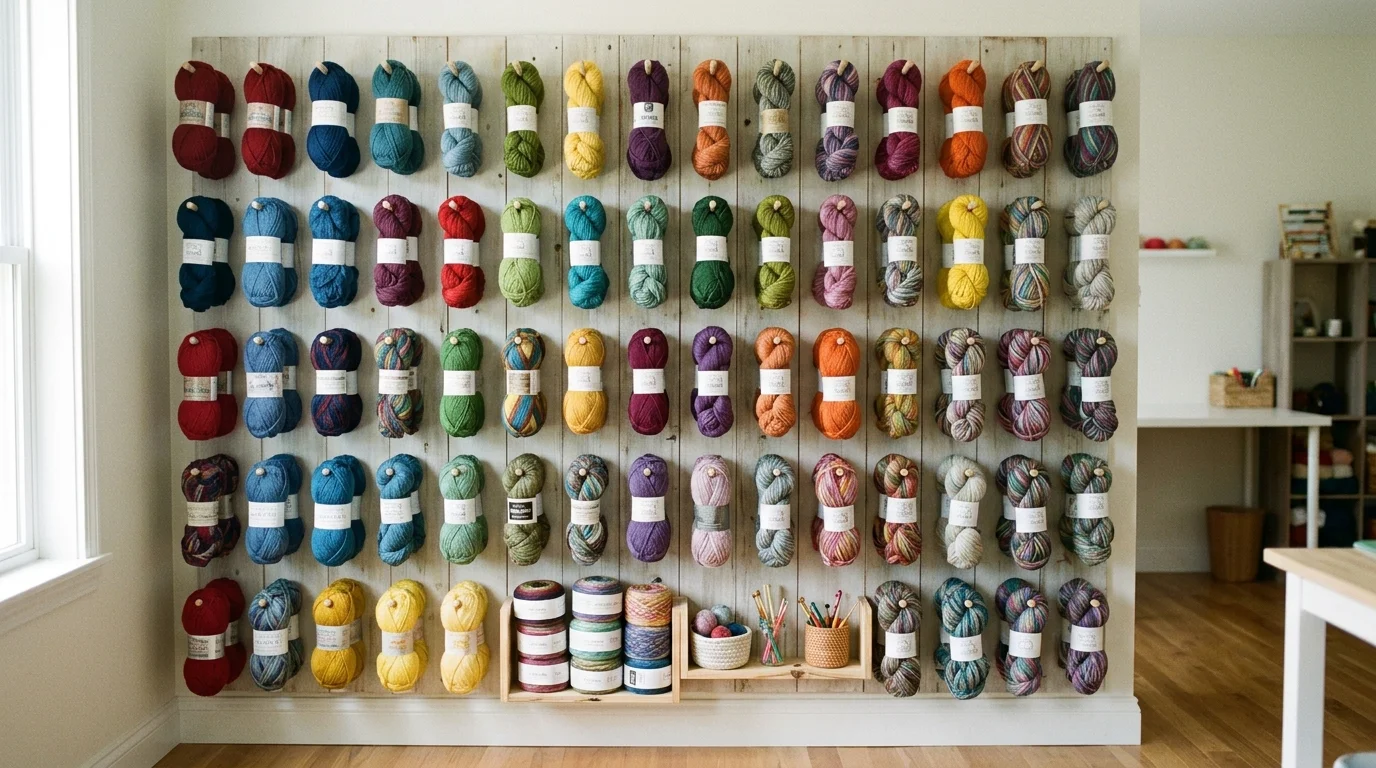 A wall with hooks holding yarn skeins in rows bright lighting functional decorative storage solution no people