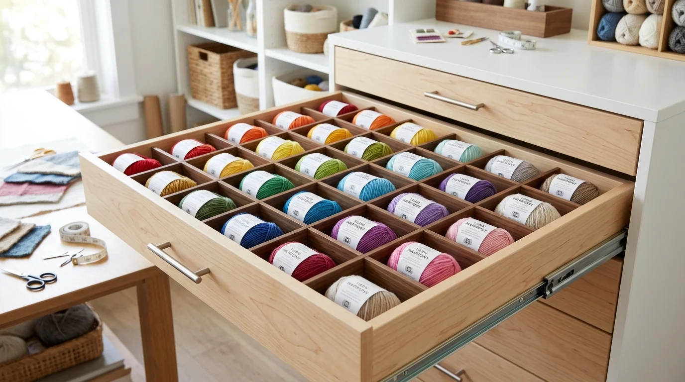A drawer system with dividers keeping yarn separated and tangle free bright lighting clean organized setup no people