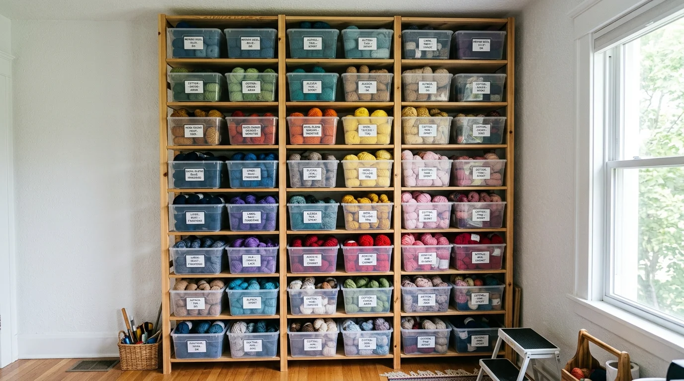 A tall shelf unit storing yarn in labeled containers bright natural daylight vertical space maximizing storage no people