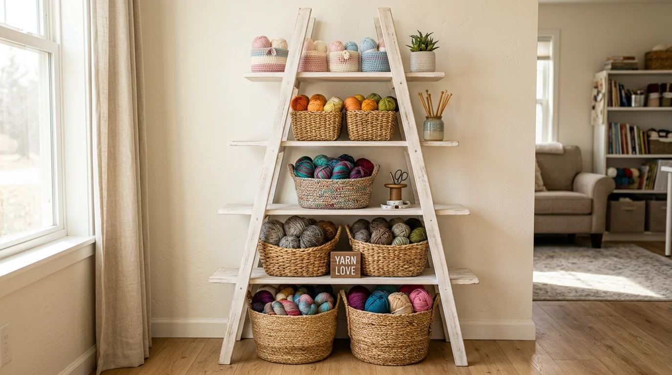 A decorative ladder shelf with yarn baskets on each level bright lighting charming organized display no people