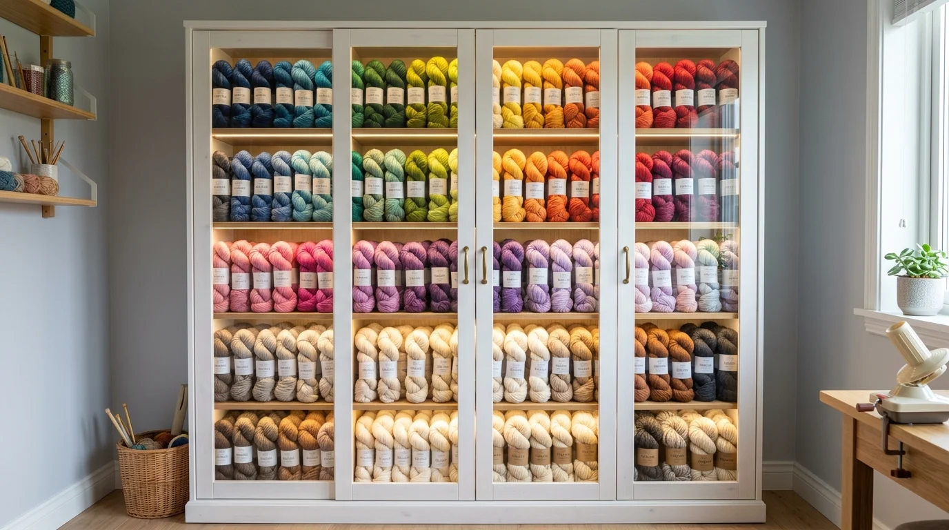 A storage cabinet with glass doors showcasing neatly arranged yarn bright lighting tidy and dust free organization no people