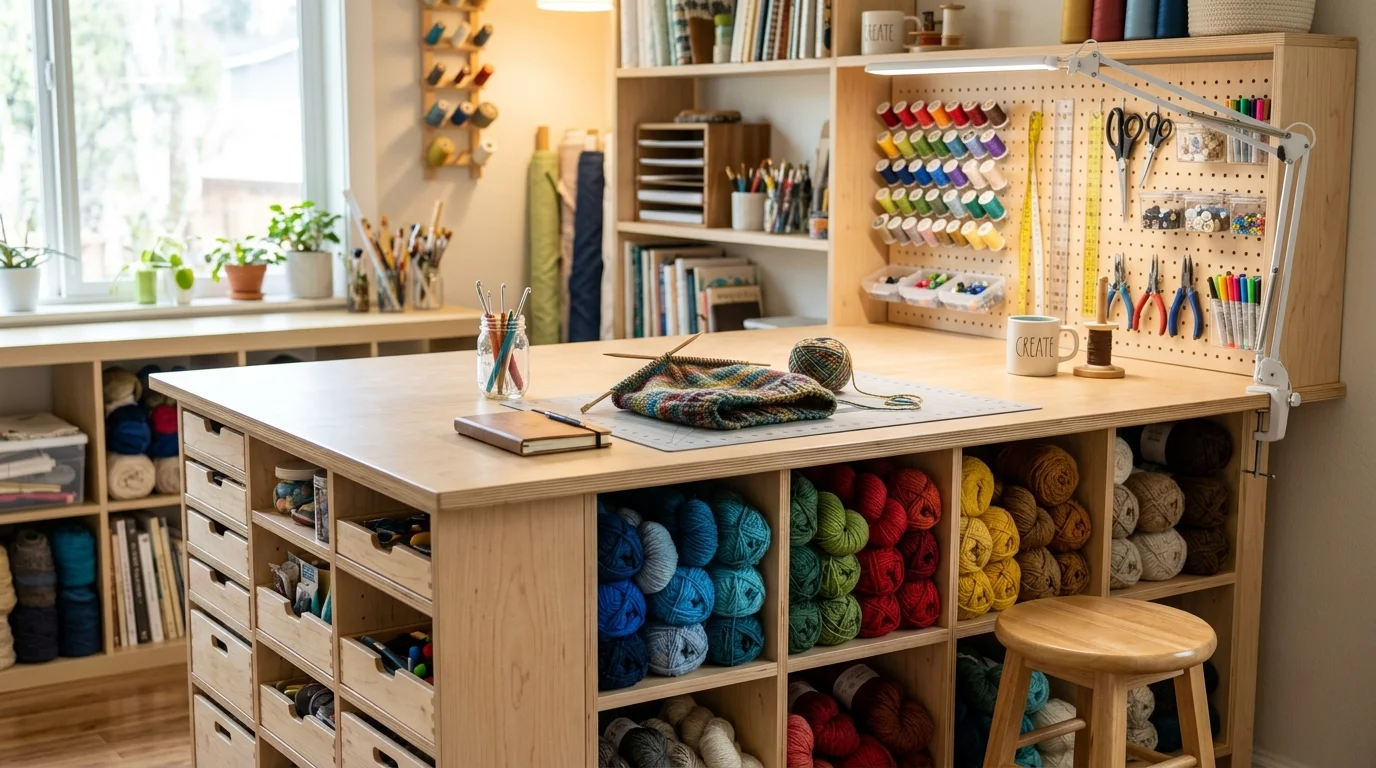 A craft table with built in storage compartments holding yarn and tools bright lighting efficient workspace design no people