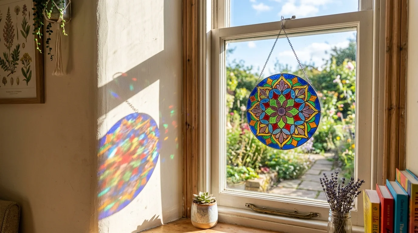 A small stained glass suncatcher hanging in a window reflecting multicolored light onto nearby walls bright daylight cheerful decorative piece no people