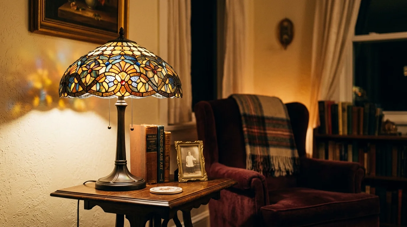 A stained glass table lamp with intricate patterns glowing warmly on a side table soft ambient lighting vintage inspired decor no people