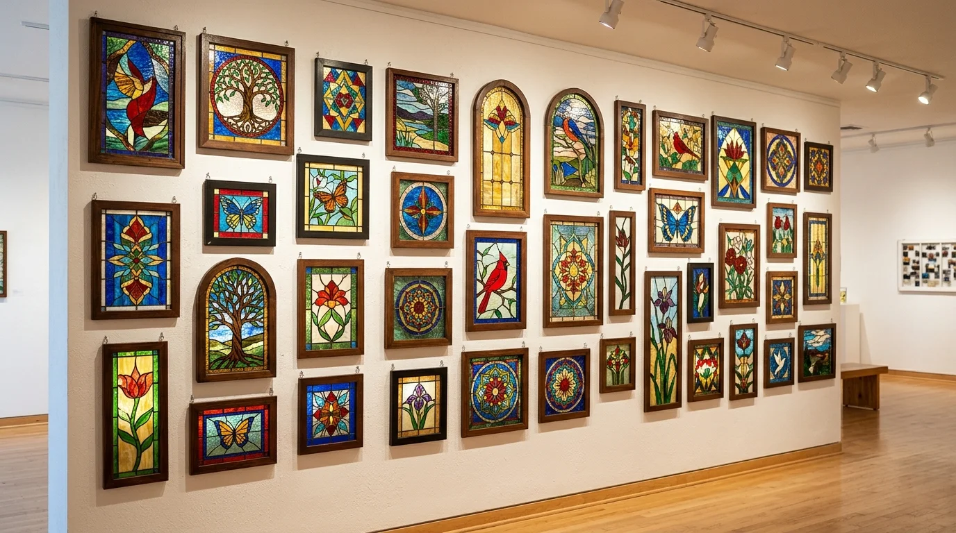 A set of stained glass art pieces framed and hung on a wall creating a colorful gallery display bright lighting unique artistic decor no people