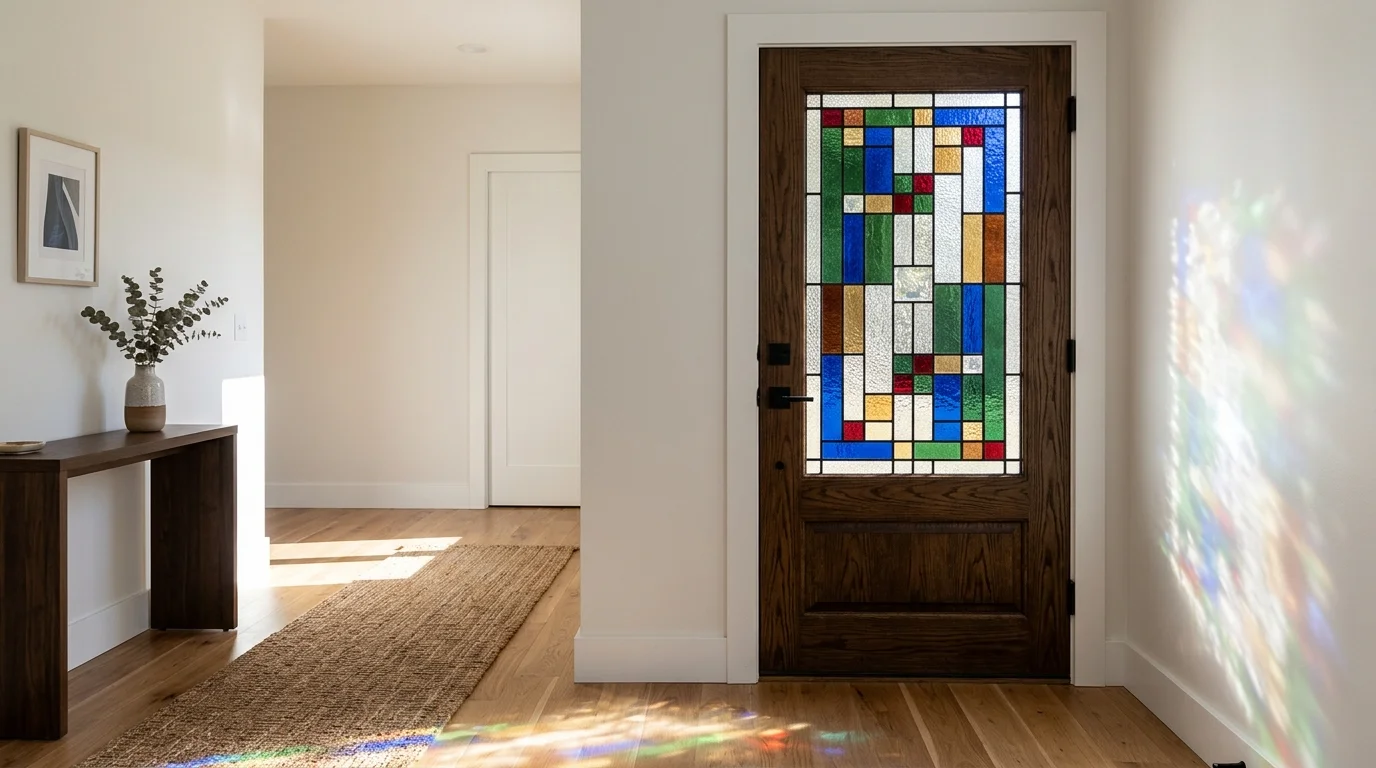 A stained glass door insert featuring geometric patterns allowing colorful light to filter through bright natural light bold entryway design no people