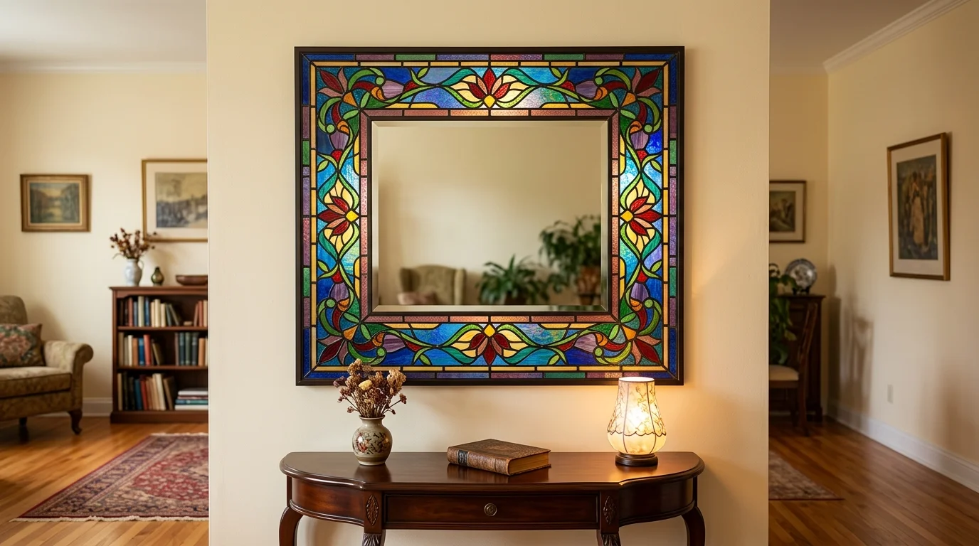 A decorative stained glass mirror frame adding vibrant color accents to a room soft lighting elegant artistic detail no people